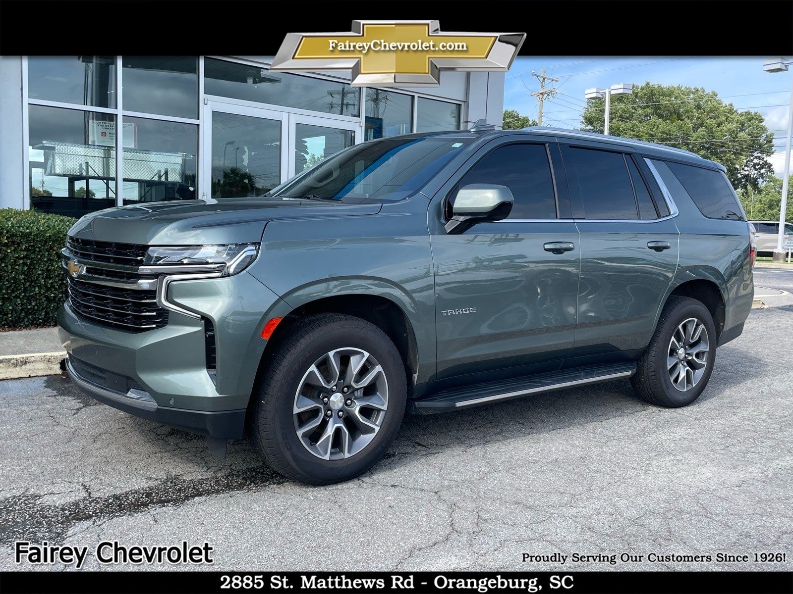 2023 Chevrolet Tahoe LT in Silver Sage Metallic — front three-quarter view
